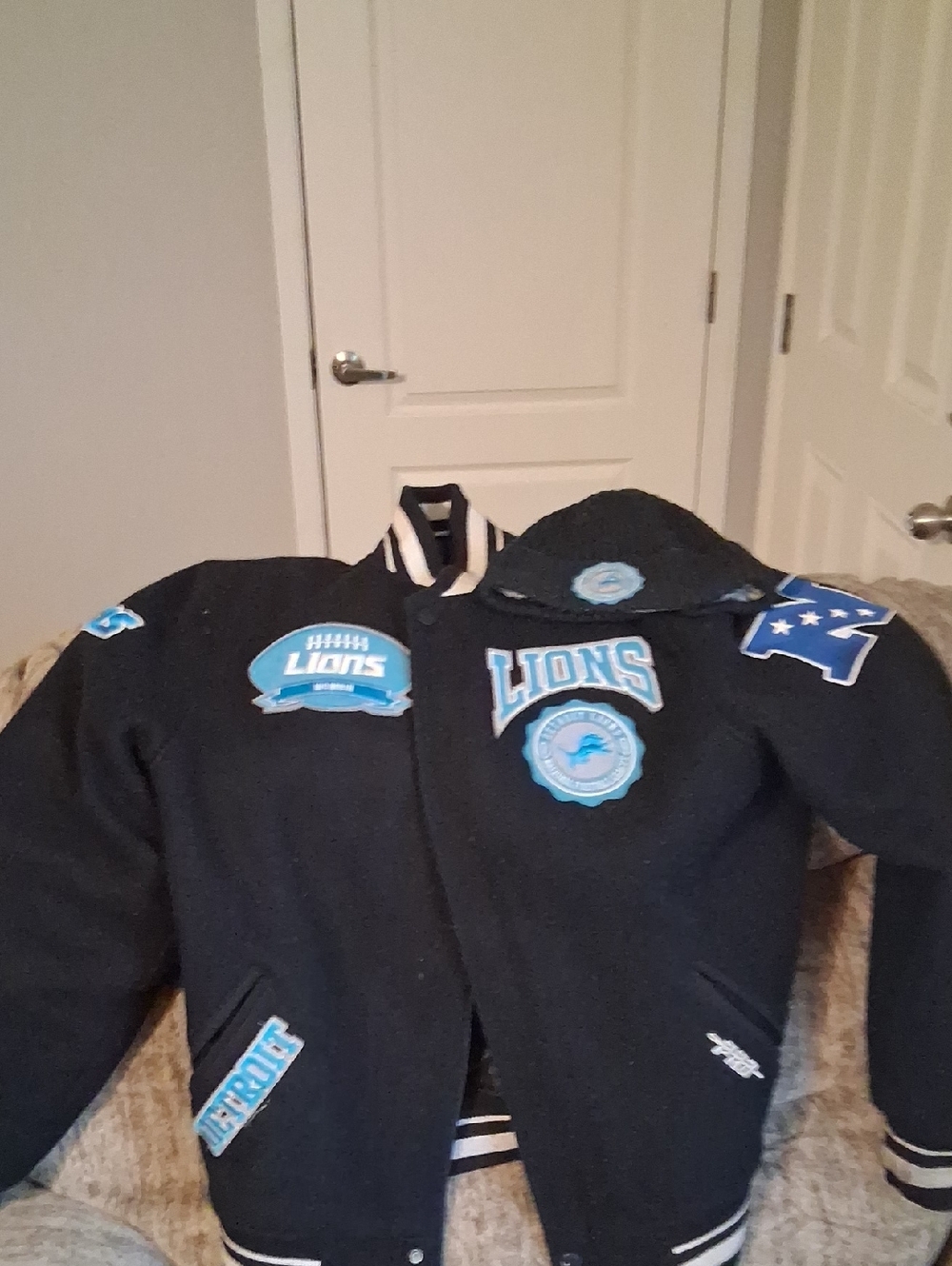 Detroit Lions Black & Light Blue Varsity Bomber Jacket